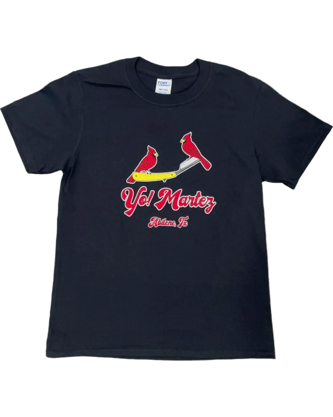 Black t-shirt with a graphic design featuring a bird, scissors, Yo! Martez brand