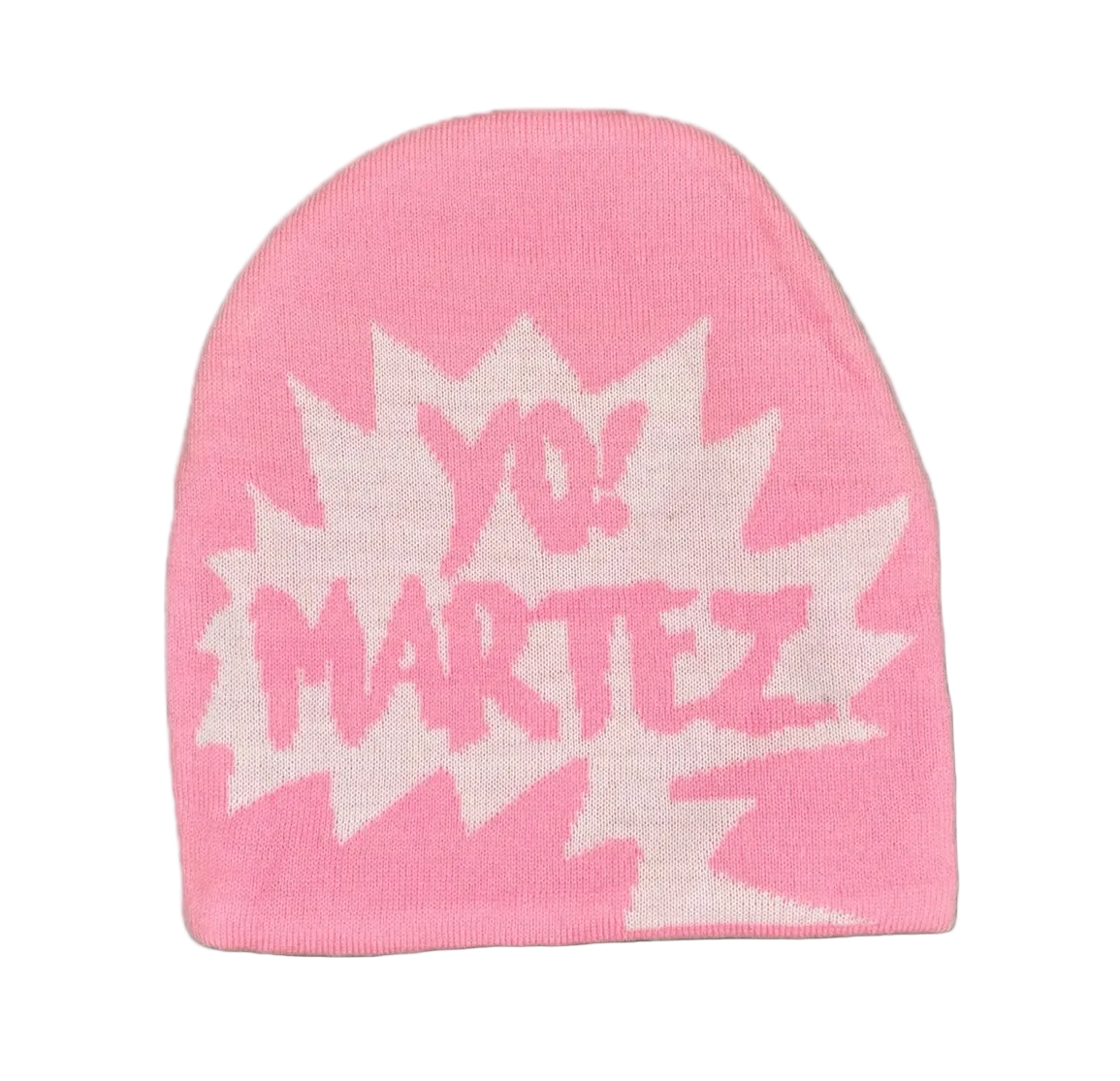 A pink knit beanie hat featuring a white comic-style burst graphic with the text 'YO! MARTEZ' in pink, shown against a plain white background.