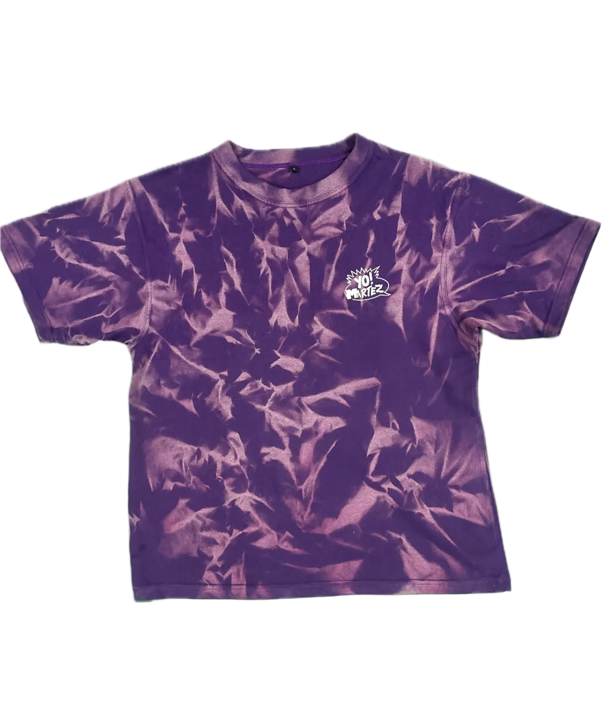 A purple and magenta tie-dye short-sleeve t-shirt with a small white graphic on the left chest