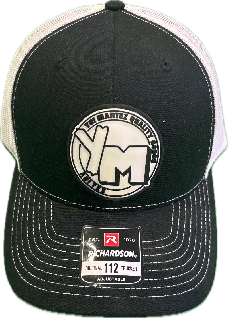 Black and white cap with a YM logo and Richardson label