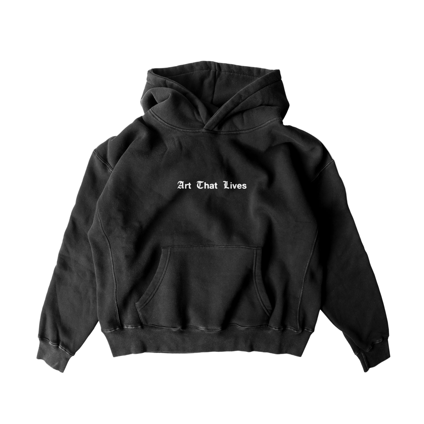 Black oversized hoodie with 'Art That Lives' text on the front.