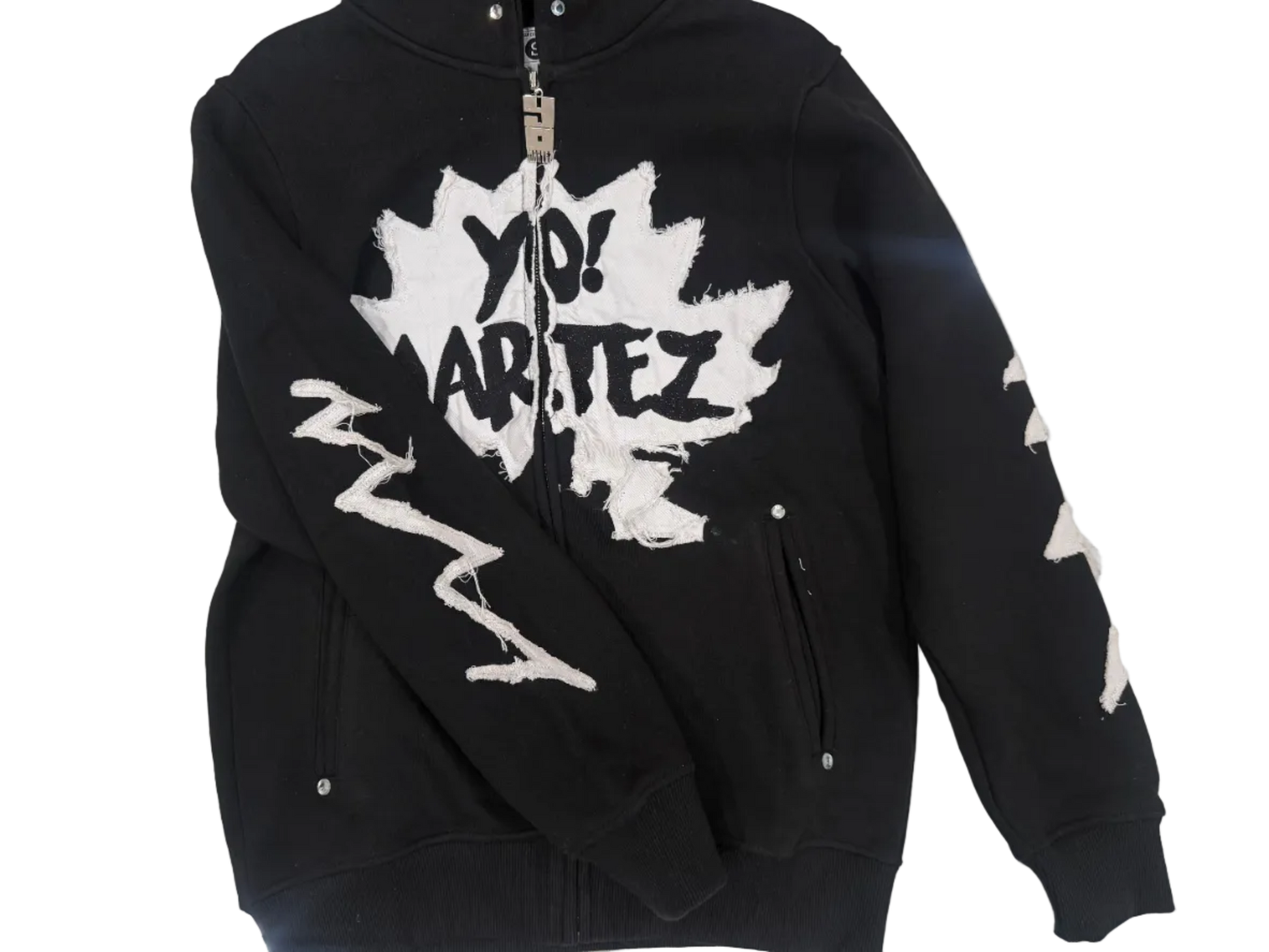 Yo! Martez Zip-up Hoodie black edition, up close sleeve details.