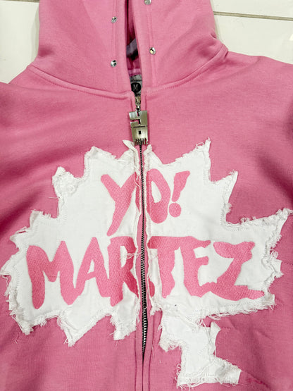 Yo! Martez zip-up Hoodie Pink, Close up detail of chest and zipper 