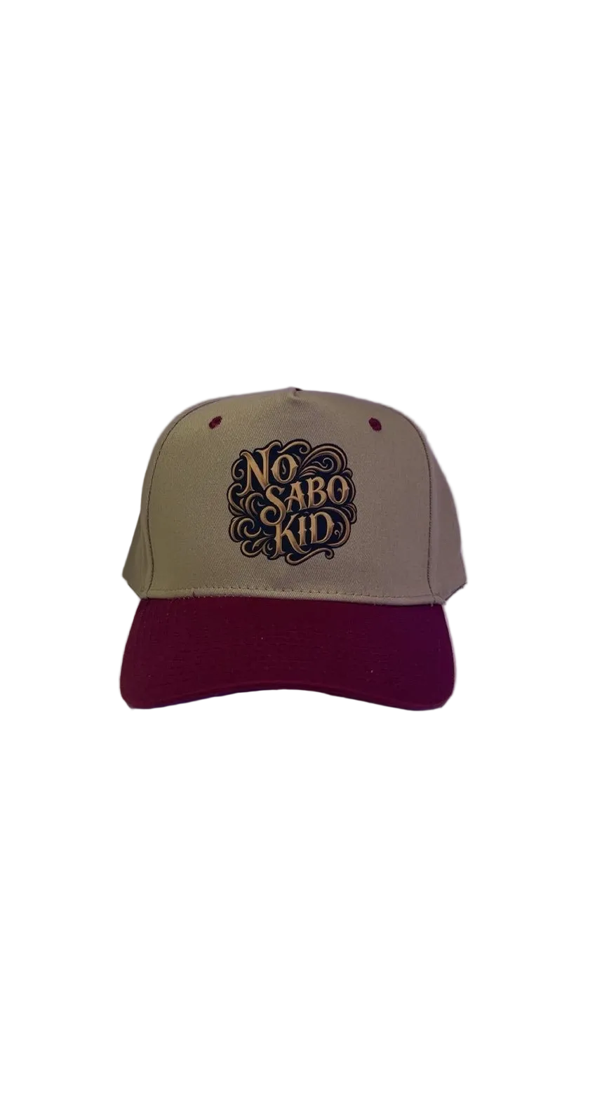 Beige and red cap with 'NO SABO KID' logo o