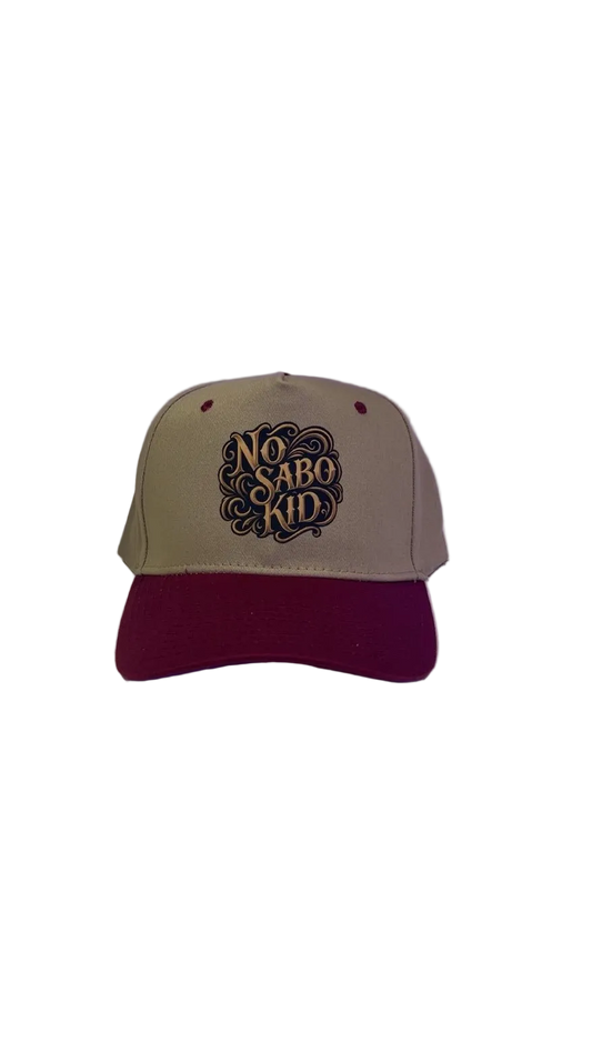 Beige and red cap with 'NO SABO KID' logo o