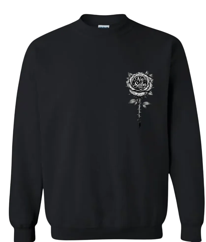 Black sweatshirt with a rose design and text on a white background