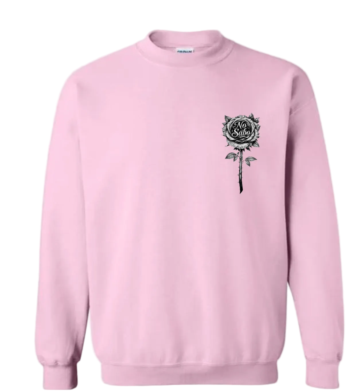 Pink sweatshirt with a black and white No Sabo design 