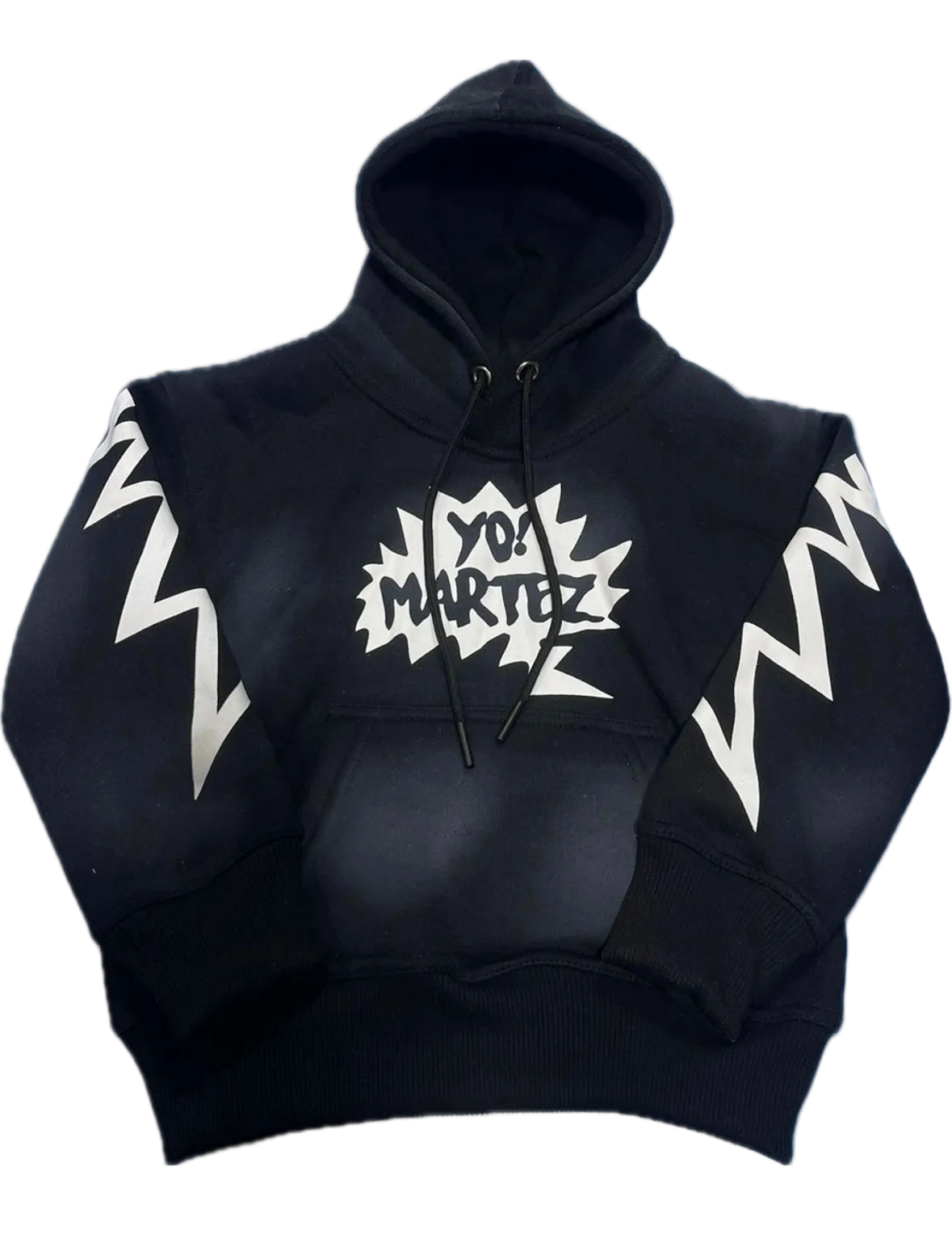Black hoodie with white text and designs on a white background