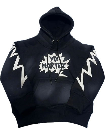 Black hoodie with white text and designs on a white background