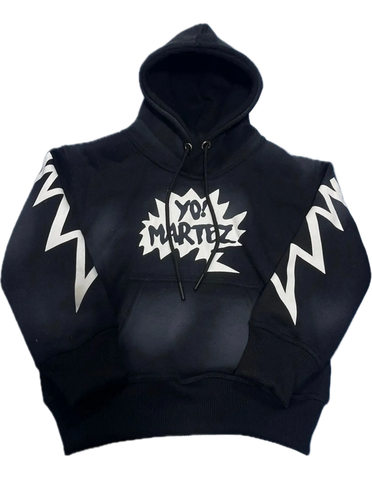Black hoodie with white text and designs on a white background