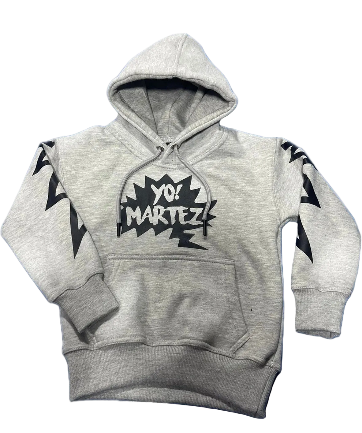 Gray hoodie with 'Yo! Martez!' logo on a white background