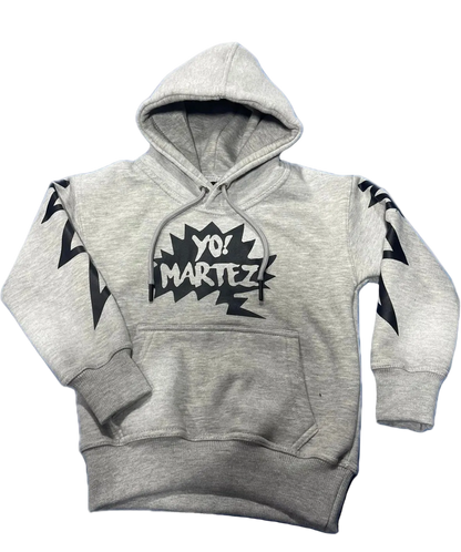 Gray hoodie with 'Yo! Martez!' logo on a white background