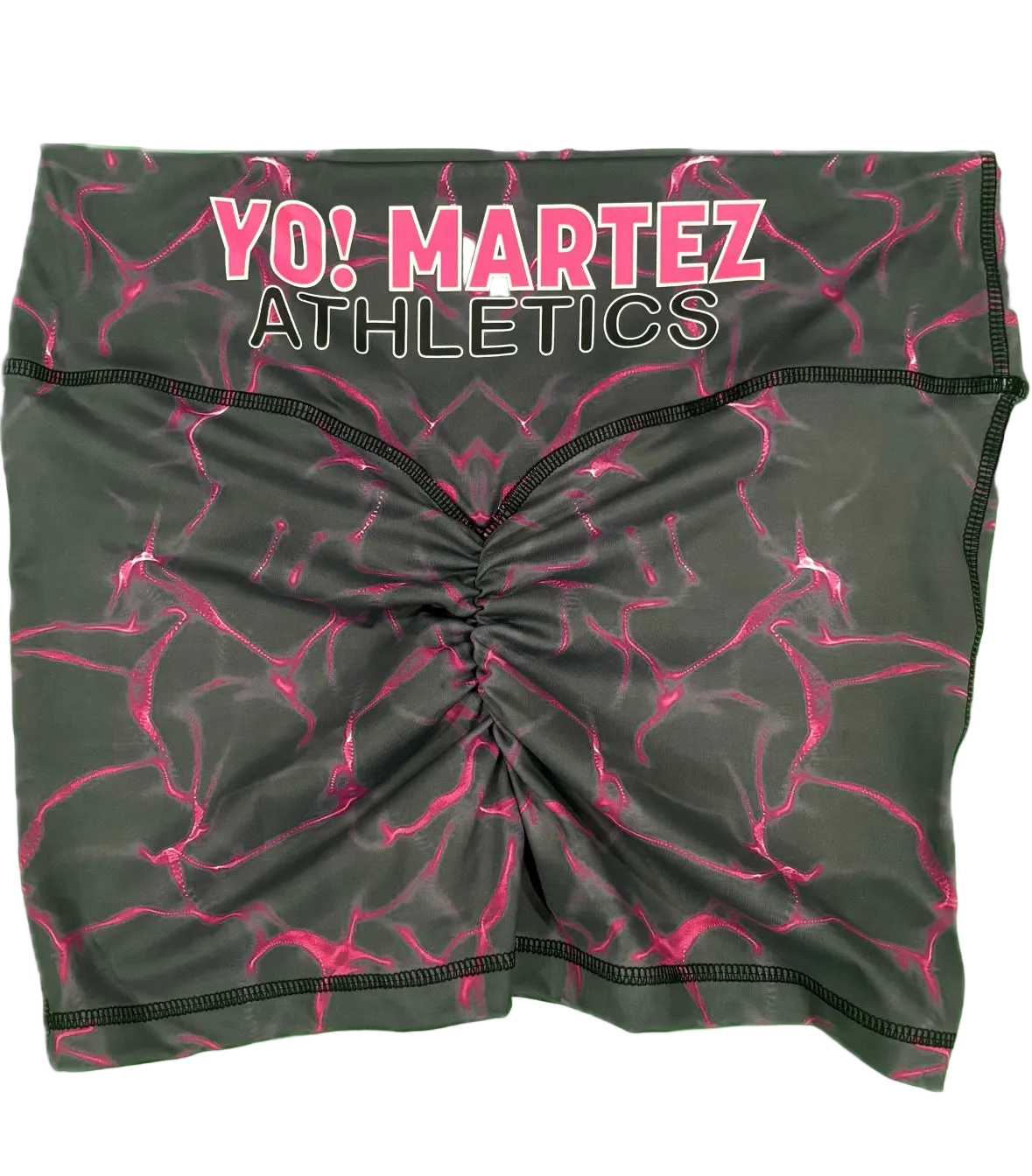 YO! MARTEZ ATHLETICS 
Thunder Thighz — featuring a dark gray and pink lightning-bolt pattern, with 'YO! MARTEZ ATHLETICS' printed in pink and black across the waistband.