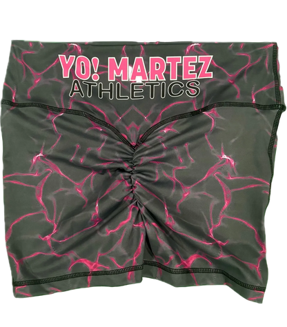 YO! MARTEZ ATHLETICS 
Thunder Thighz — featuring a dark gray and pink lightning-bolt pattern, with 'YO! MARTEZ ATHLETICS' printed in pink and black across the waistband.