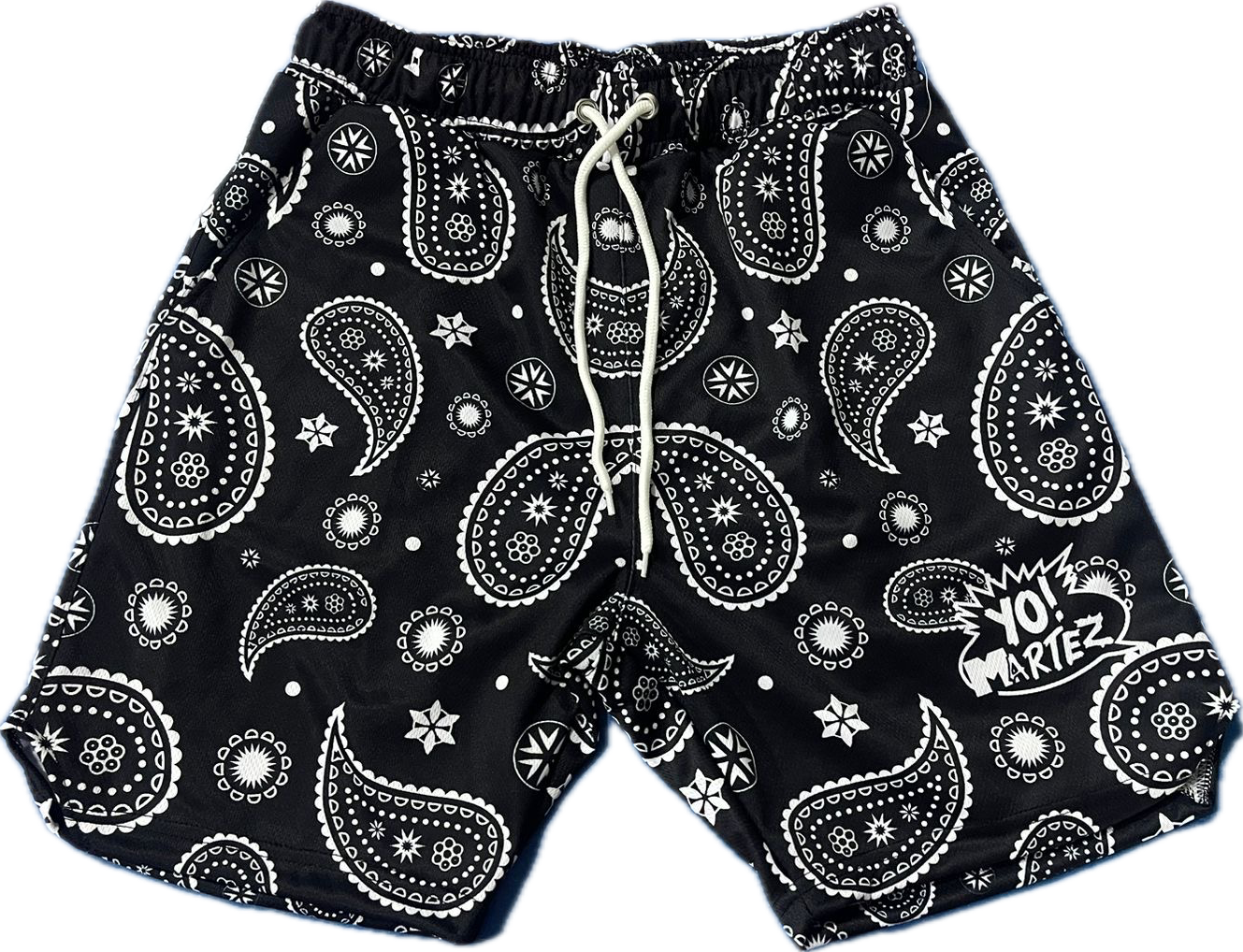Black shorts with white paisley pattern on a white background