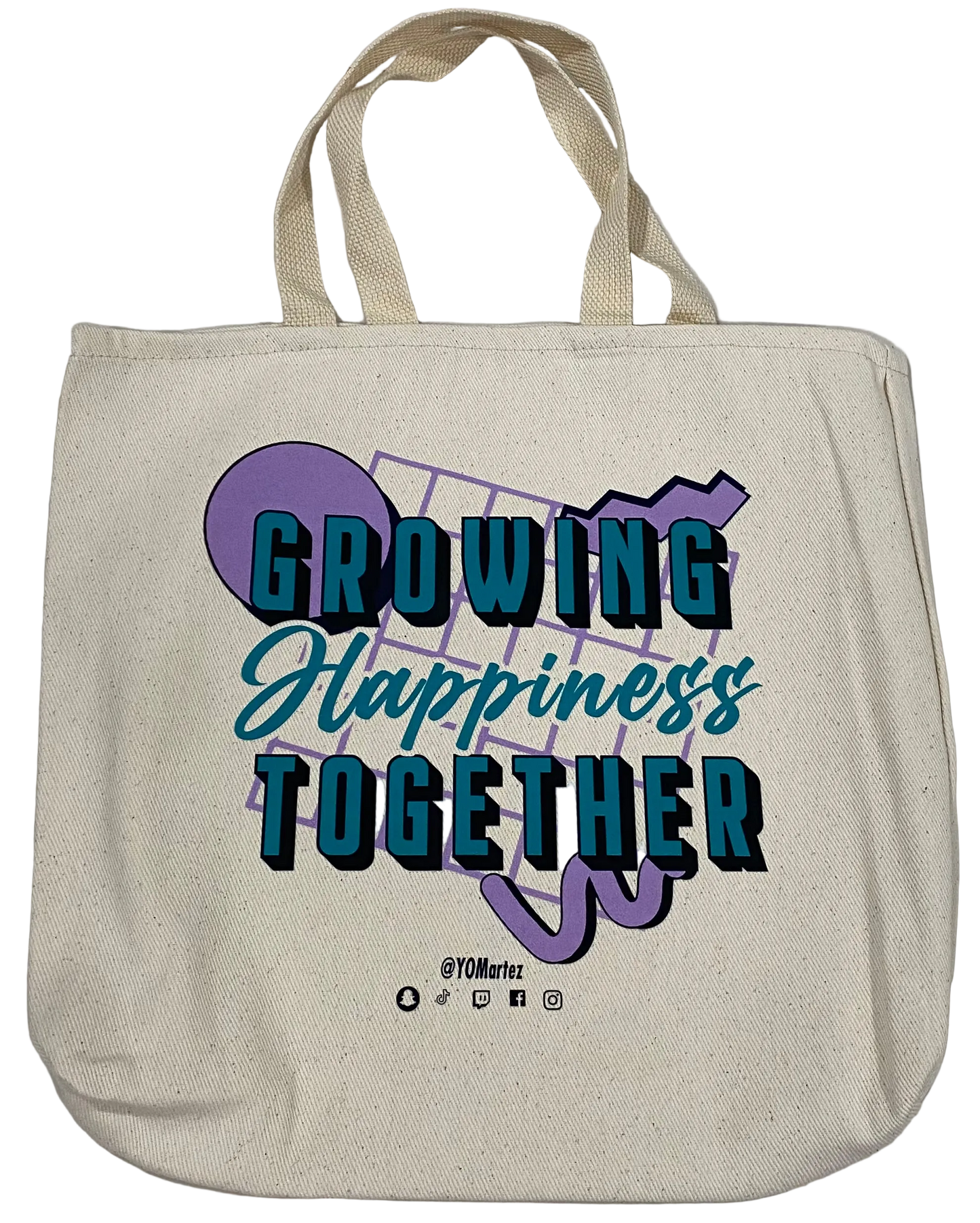 Yo! Martez beige carrying tote text GROWING HAPPINESS TOGETHER