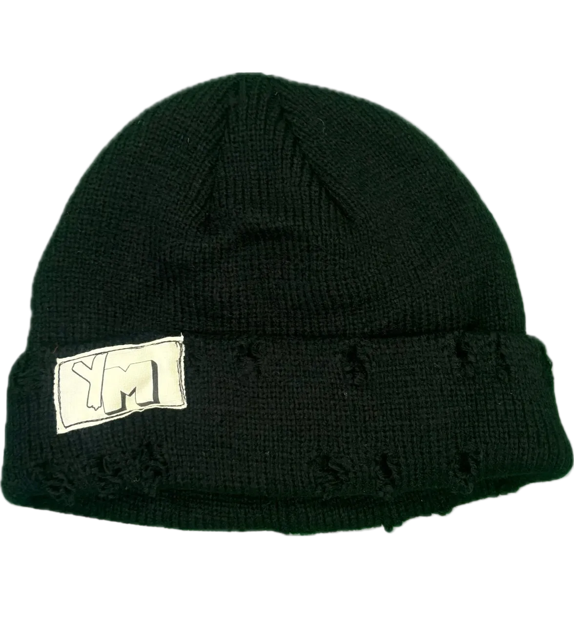 Black knit beanie with a white logo on a white background