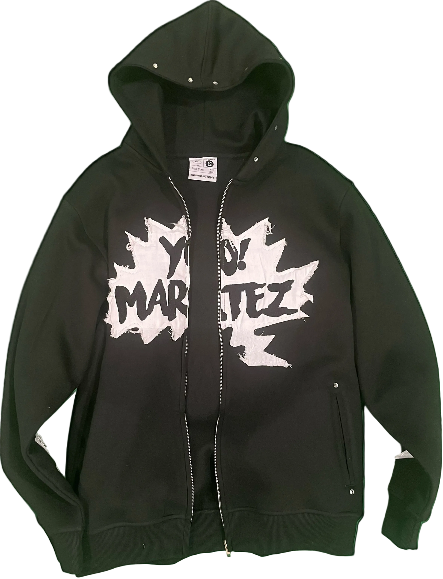 Black hoodie with white graphic design on a transparent background