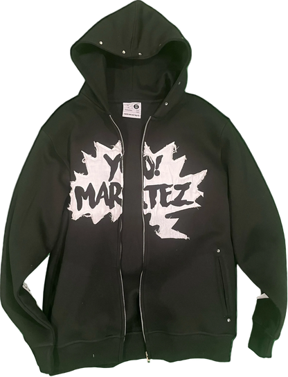 Black hoodie with white graphic design on a transparent background