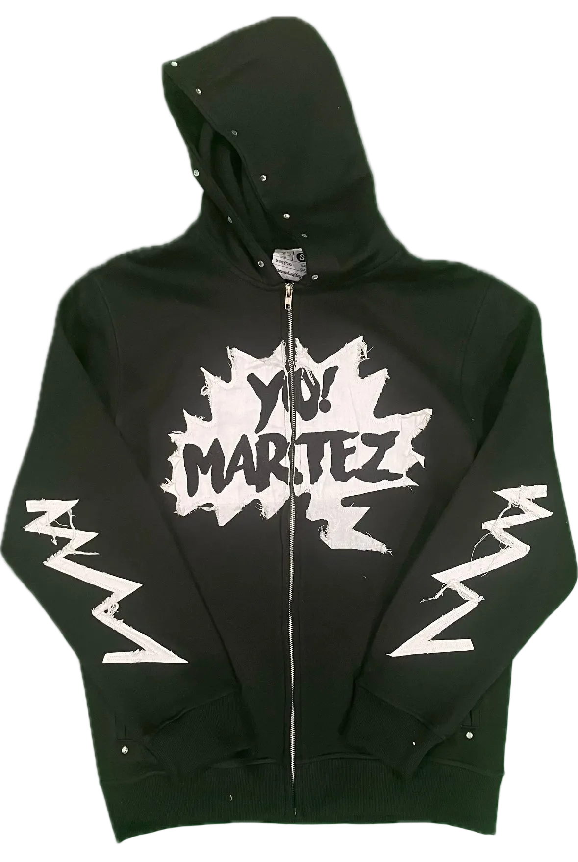 Black hoodie with white graphic design on a white background