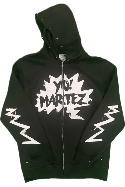 Black hoodie with white graphic design on a white background