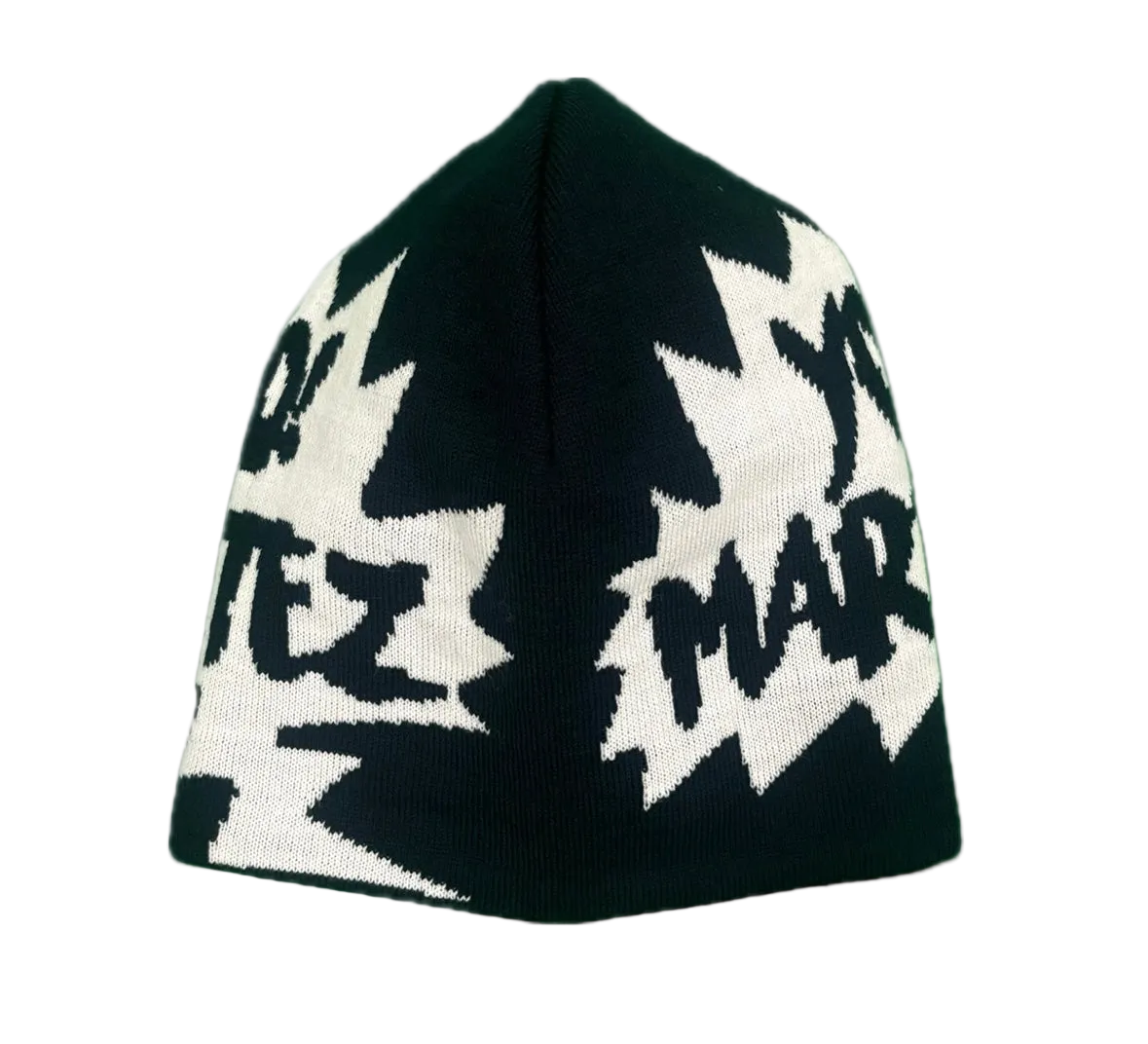 A black knit beanie hat featuring a white graphic pattern of jagged lightning bolts and the text 'YO! MARTEZ' in a stylized font.