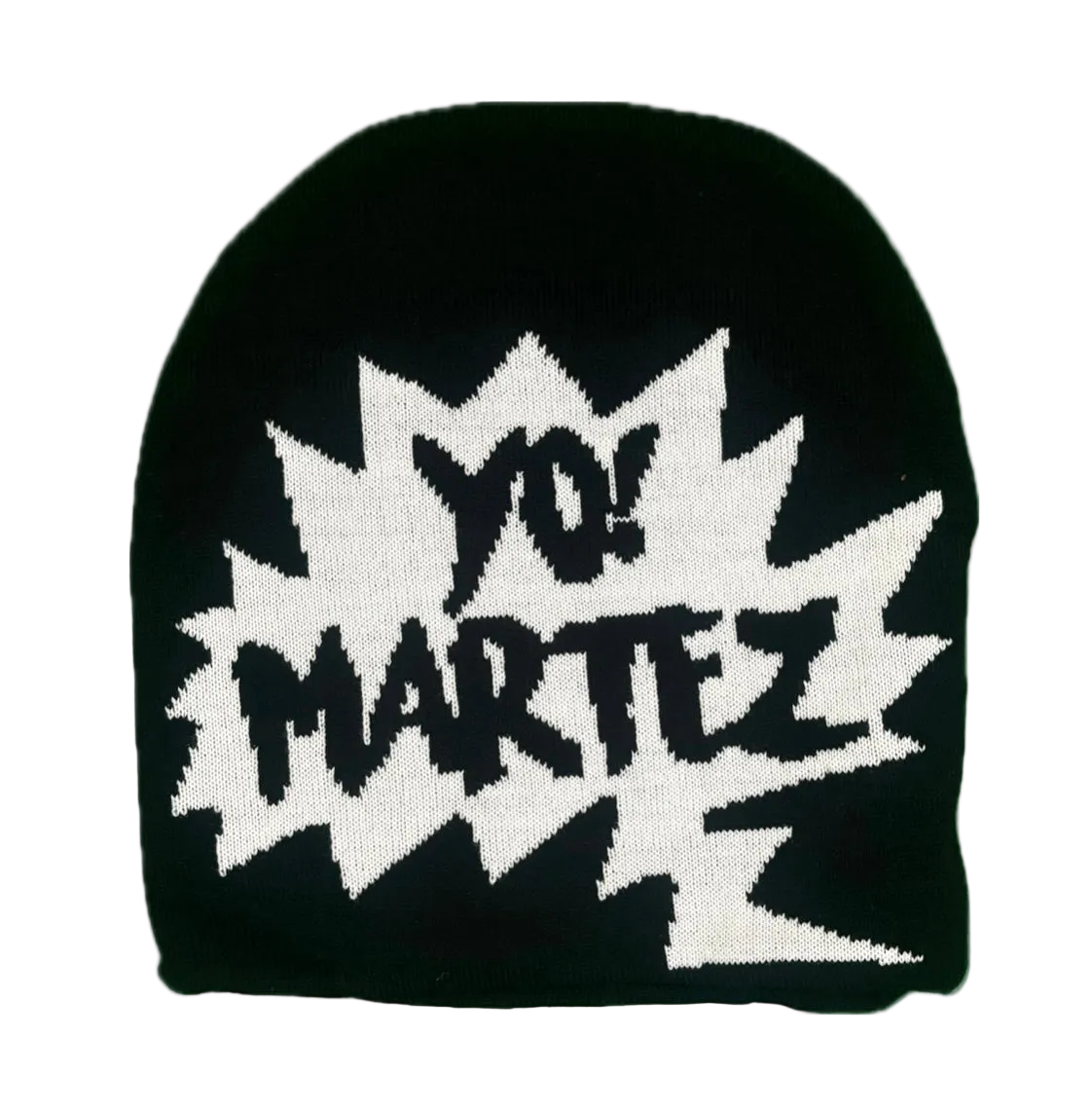 A black knit beanie featuring a large white comic-style burst with the text 'YO! MARTEZ' in black.