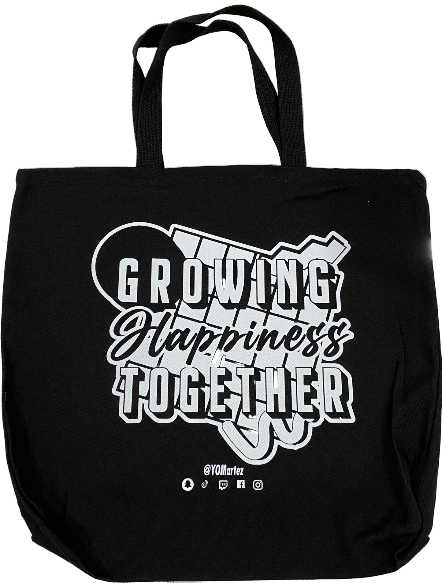 Yo! Martez black carrying tote, text GROWING HAPPINESS TOGETHER