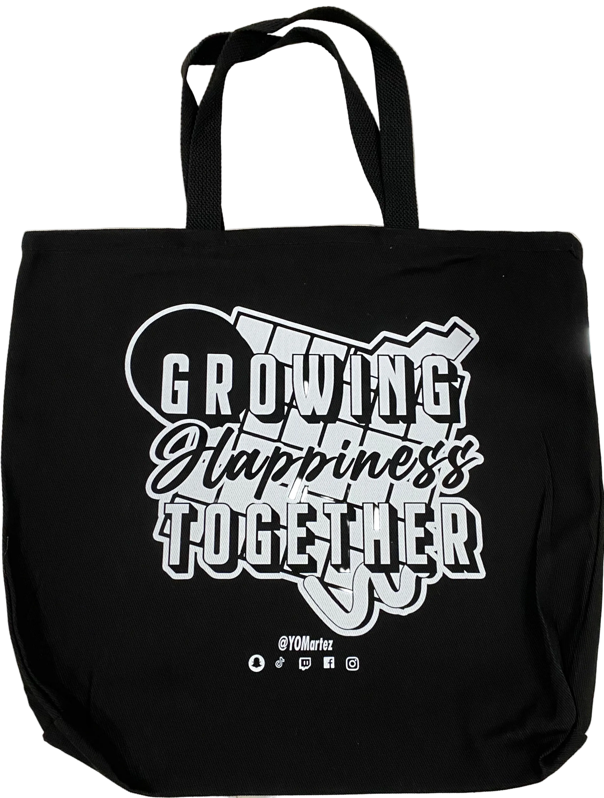 Yo! Martez black carrying tote, text GROWING HAPPINESS TOGETHER