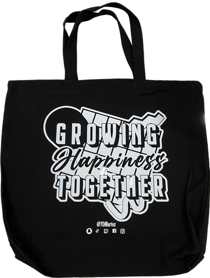 Yo! Martez black carrying tote, text GROWING HAPPINESS TOGETHER