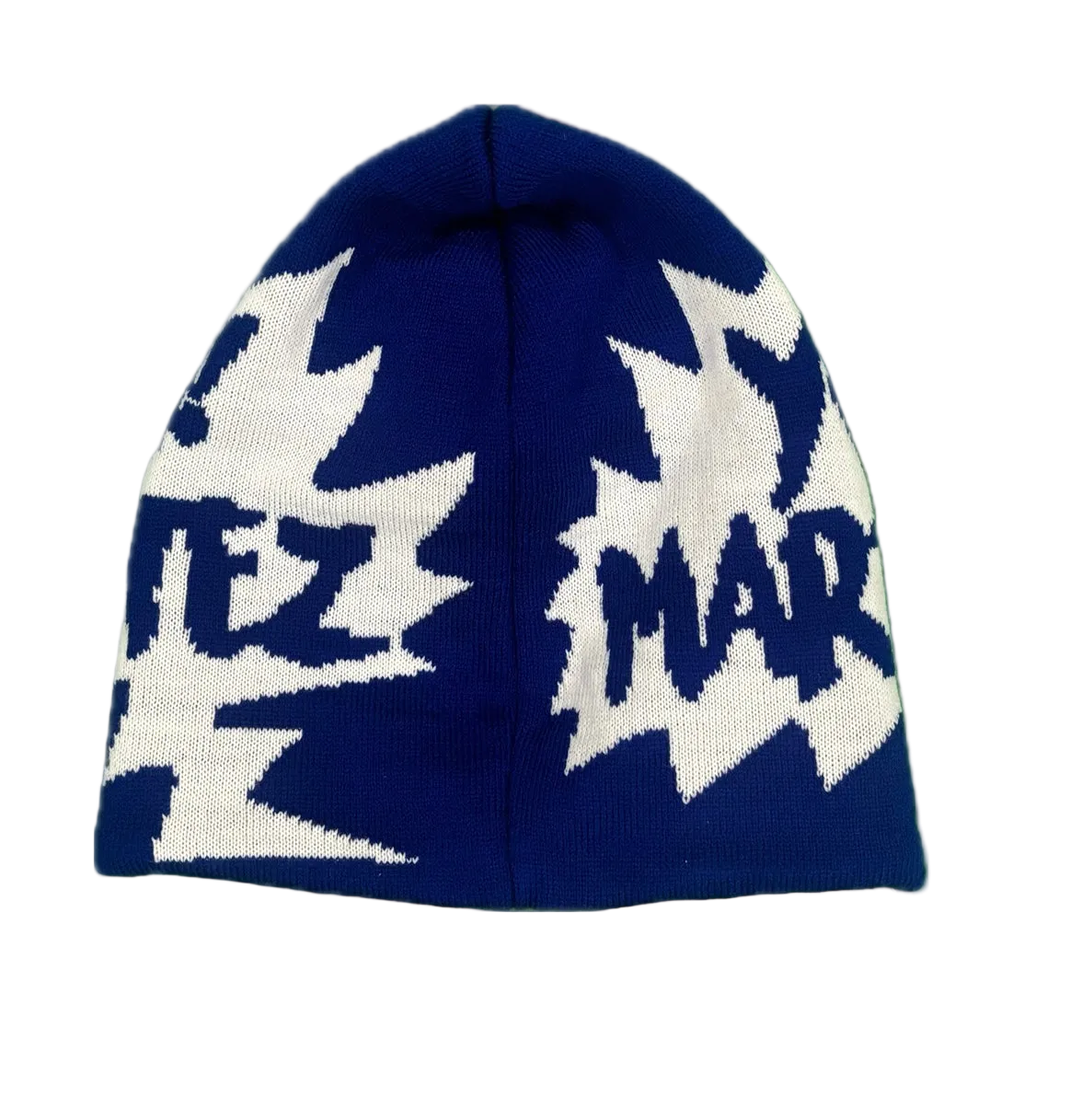 A navy blue knit beanie hat featuring large white graphic patterns and stylized text on the front and sides, shown against a plain white background.