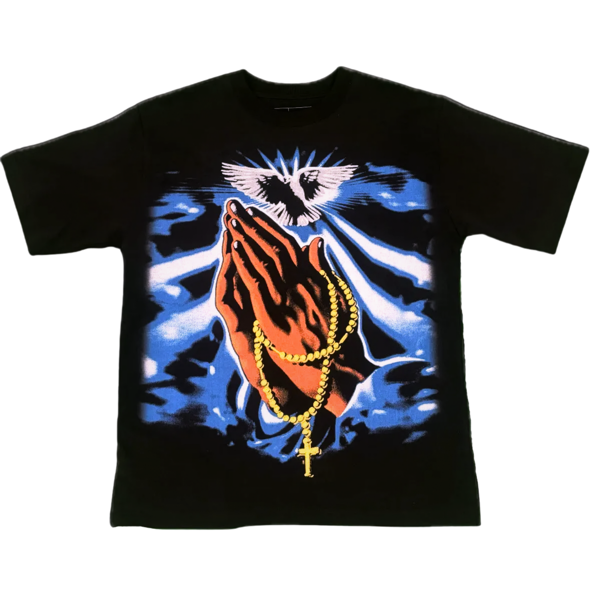 A graphic of praying hands, below a white dove, w/ blue and white rays of light to bless yo! haters