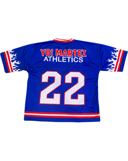 YO! MARTEZ — Twin Flame Jersey
Blue design w/ white flames & red accents