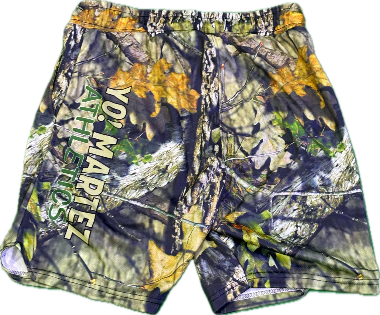 A pair of men's camouflage basketball shorts with 'YO! MARTEZ' branding on the side.