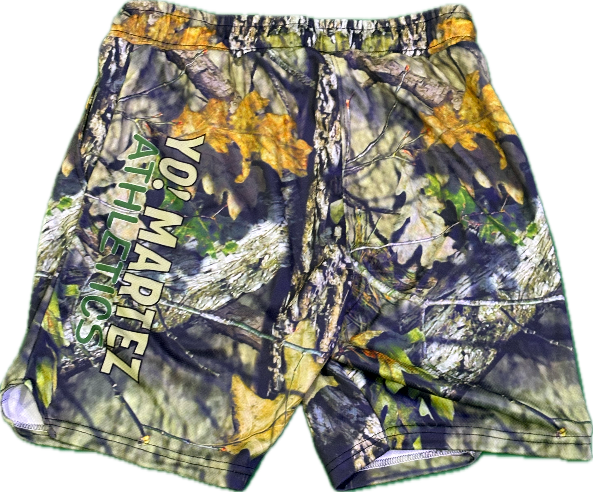 A pair of men's camouflage basketball shorts with 'YO! MARTEZ' branding on the side.