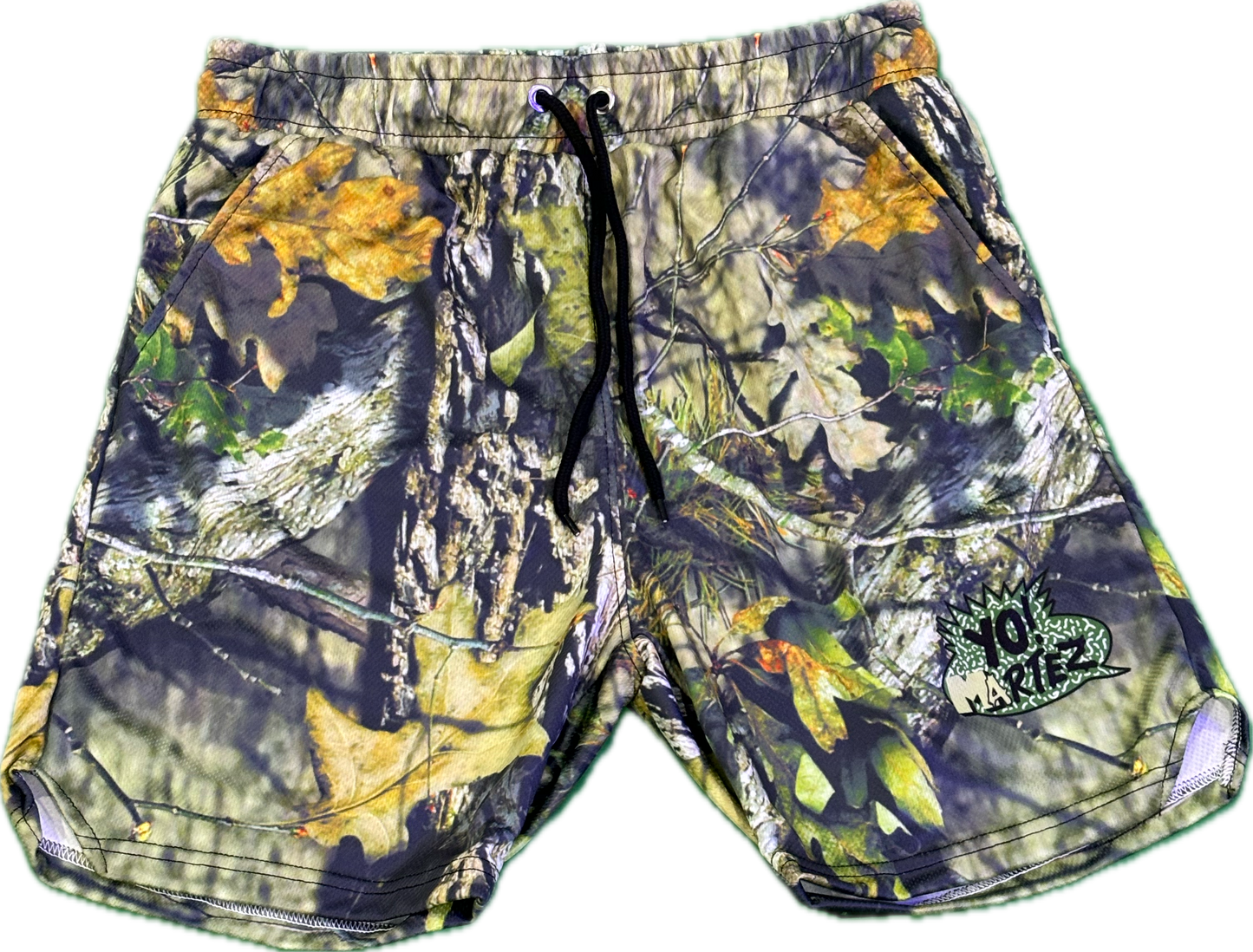 camouflage shorts with a green and black 'Yo! Martez' logo patch on the front leg