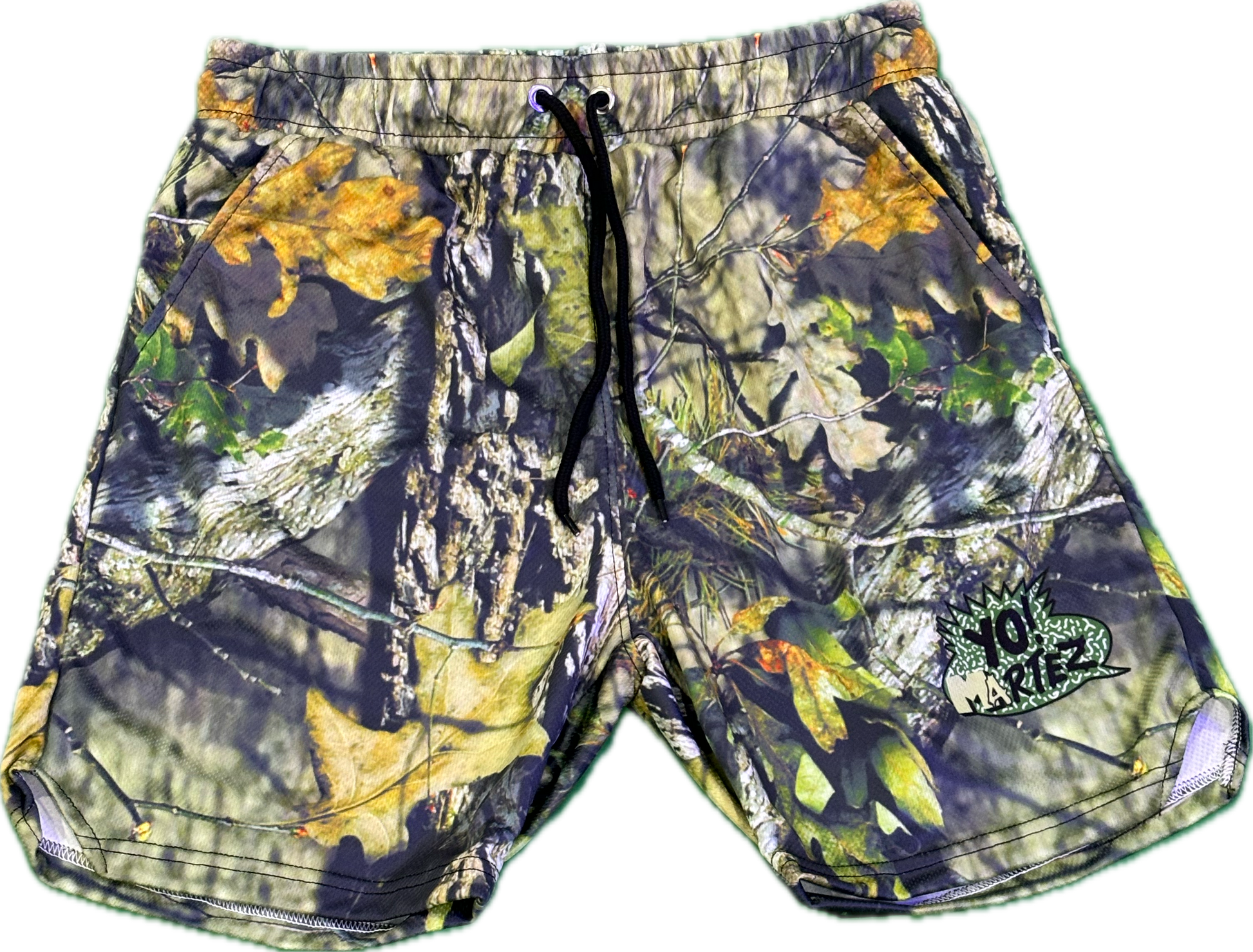 camouflage shorts with a green and black 'Yo! Martez' logo patch on the front leg