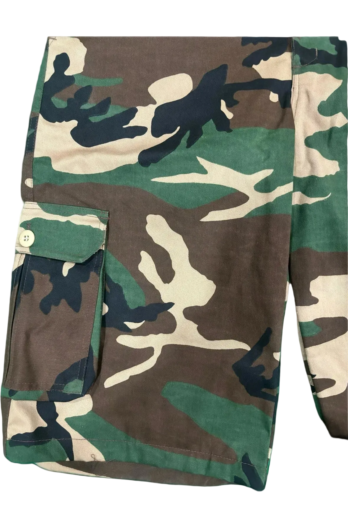 A pair of camouflage cargo pants laid flat against a black background, featuring a green, brown, and beige camo pattern with a side cargo pocket.