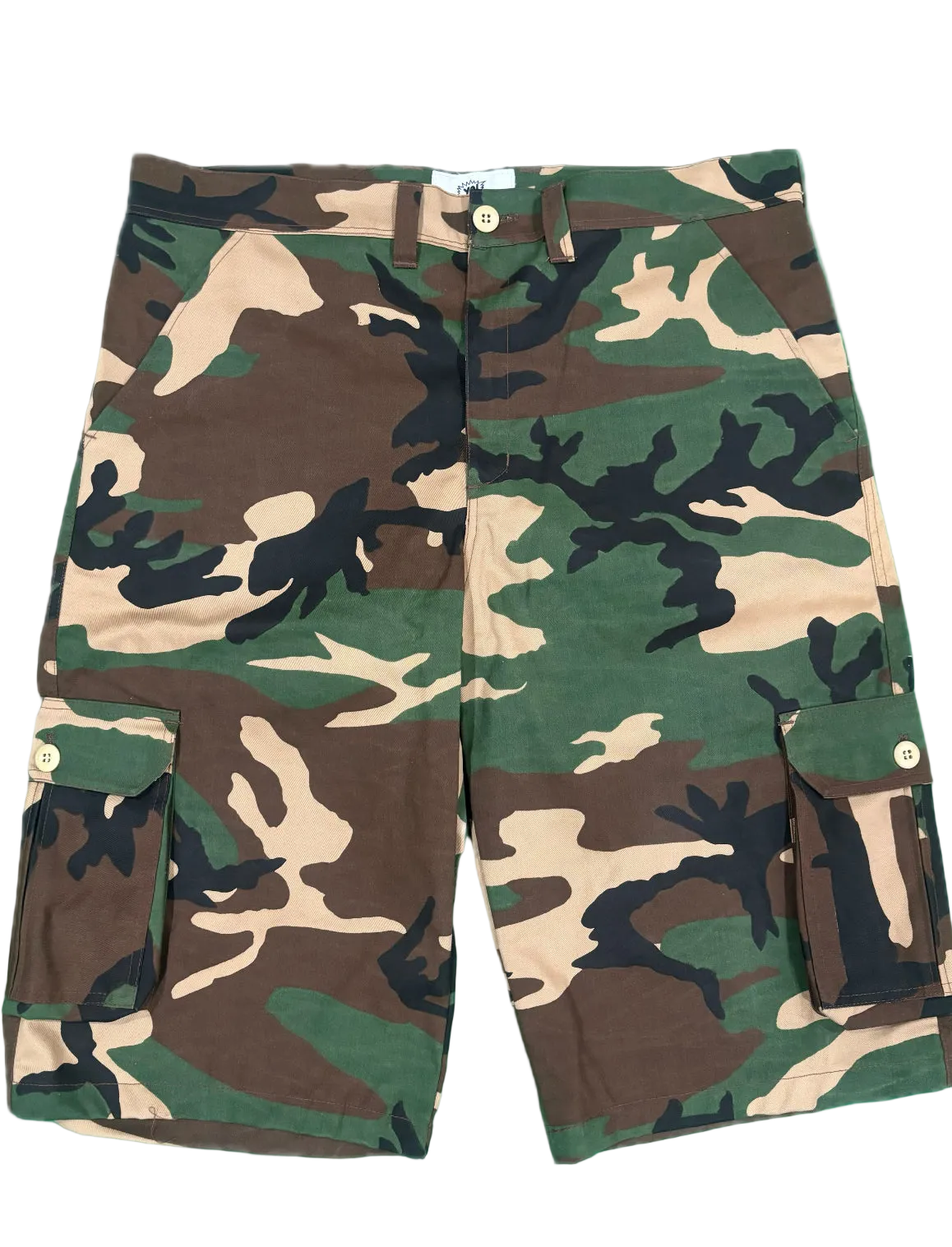 A pair of camouflage cargo shorts with green, brown, black, and beige camo pattern, featuring side cargo pockets and a button closure.
