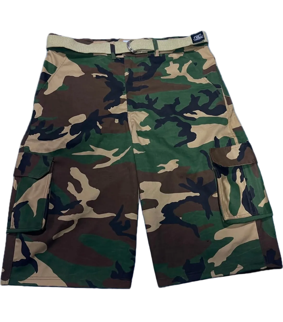 A pair of woodland camouflage cargo shorts with a matching belt.