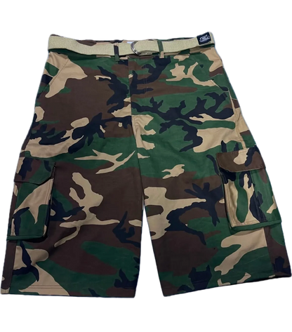 A pair of woodland camouflage cargo shorts with a matching belt.