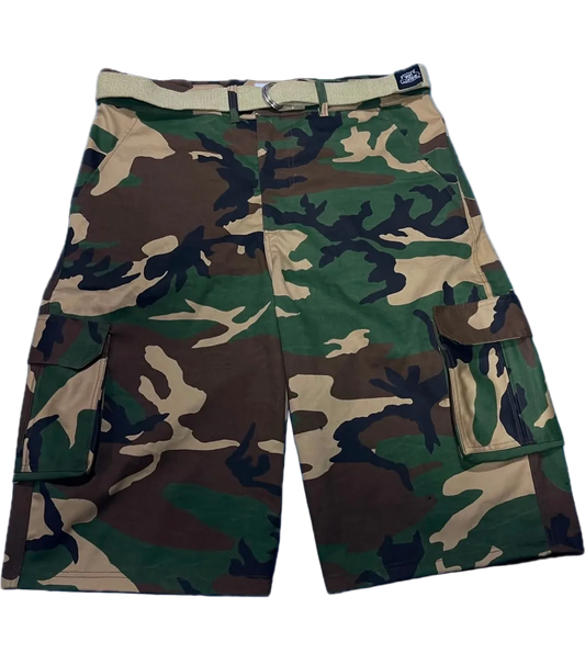 A pair of woodland camouflage cargo shorts with a matching belt, laid flat against a white background.