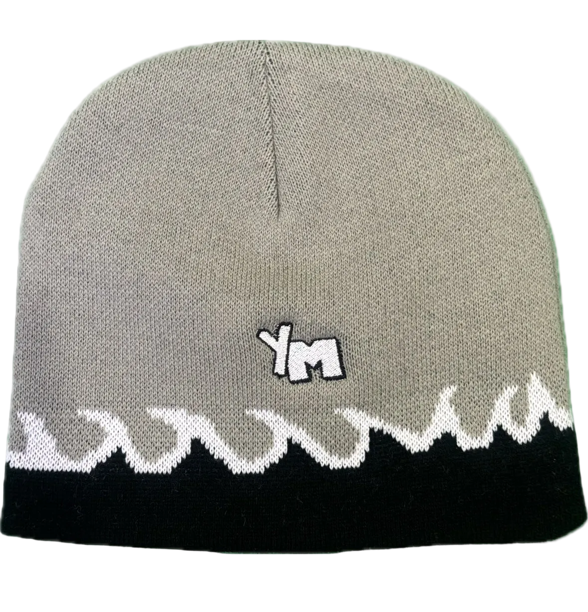 Gray beanie with white lace edge and 'YM' logo on a white background