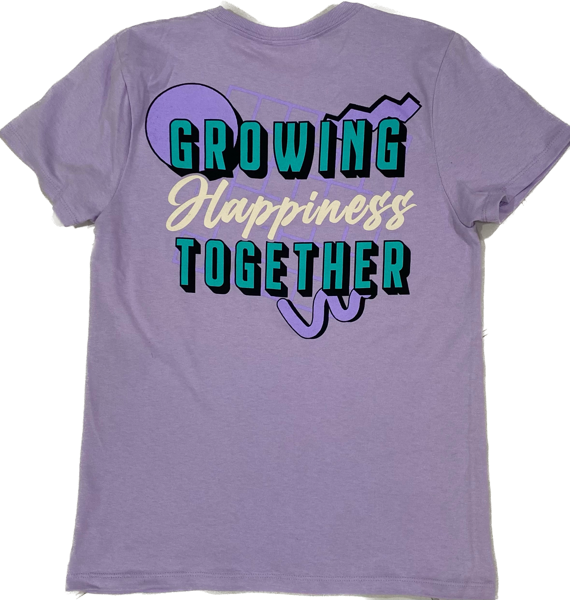 A purple t-shirt with the text Growing happiness' printed on the back.
