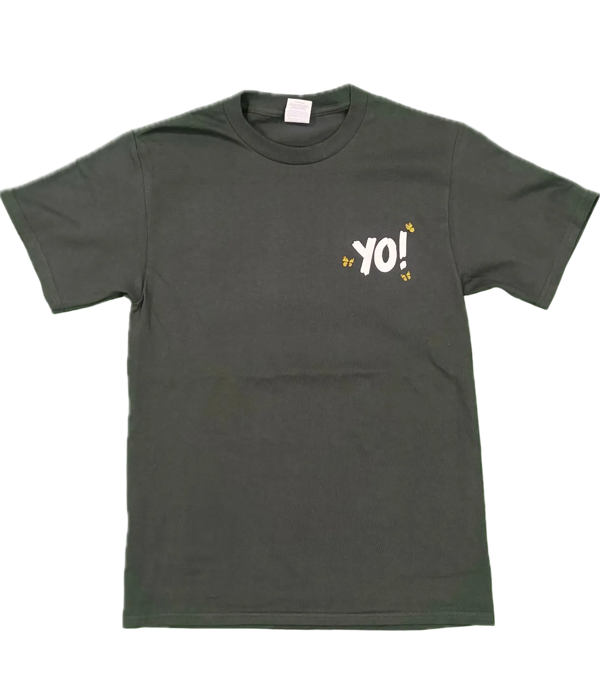 An olive green short-sleeve t-shirt with a small graphic on the left chest that reads 'YO!' in white with yellow stars, displayed flat against a white background.