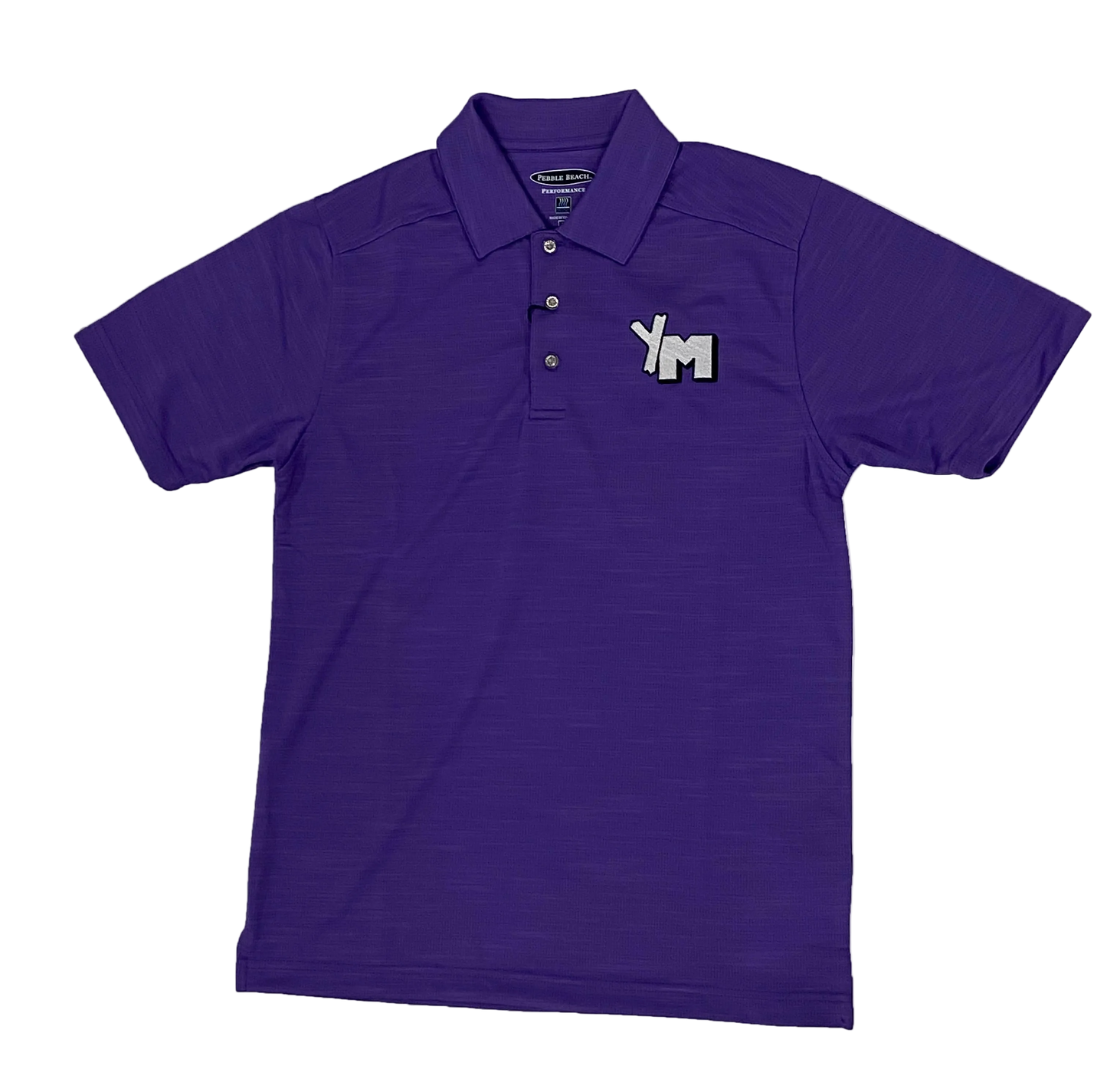 A purple golf polo shirt with a collar and short sleeves, featuring an embroidered 'YM' logo on the chest.