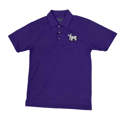 A purple golf polo shirt with a collar and short sleeves, featuring an embroidered 'YM' logo on the chest.