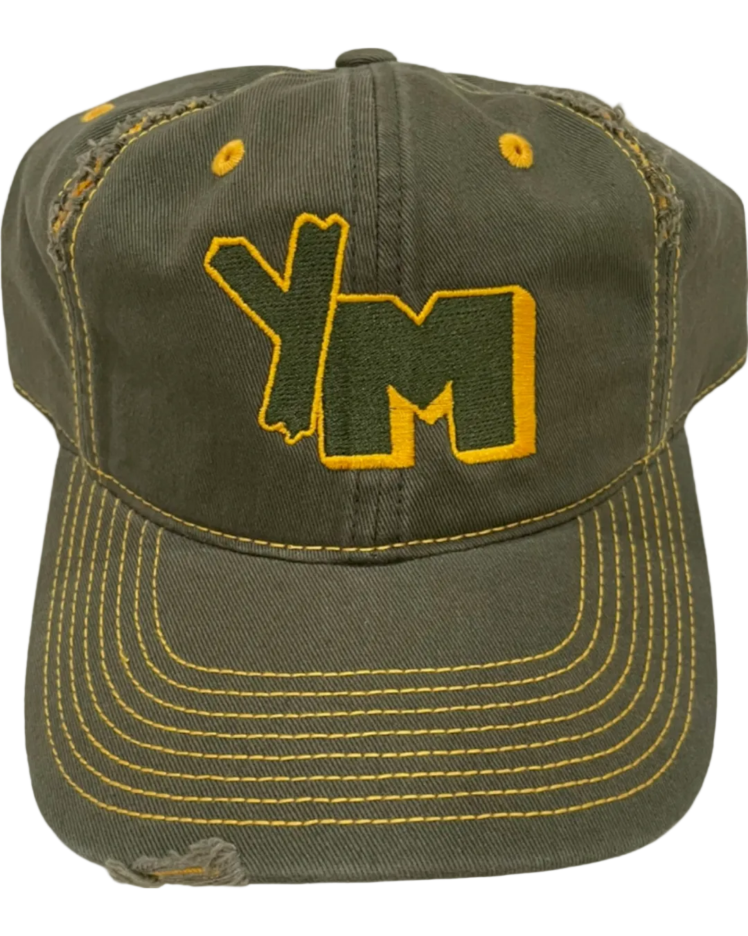 A green snapback cap with the letters 'YM' embroidered on the front and an adjustable velcro strap.