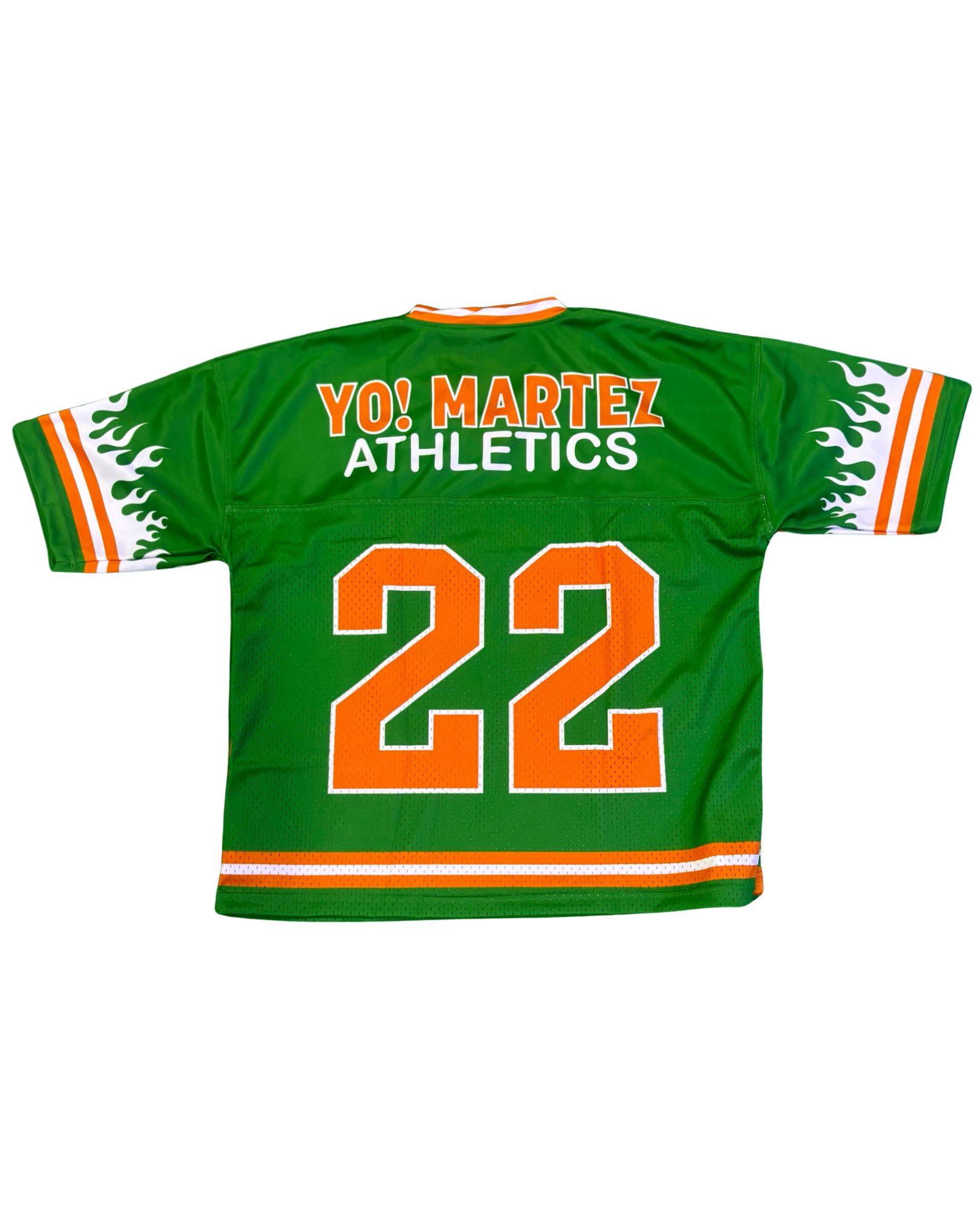 YO! MARTEZ — Twin Flame Jersey
Green design w/ white flames & orange accents
