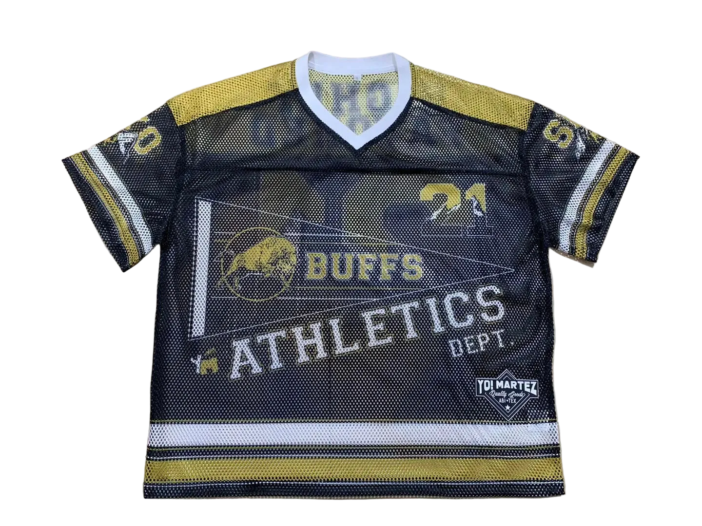 Retro Colorado Buffs football jersey with 'BUFFS YM ATHLETICS DEPT.' and '21' printed on the front